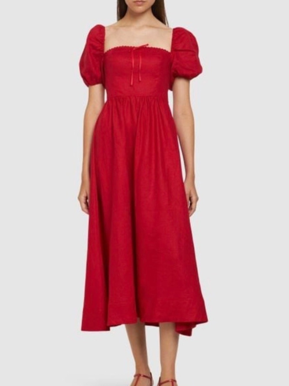 Reformation Marella 100% Linen Red Midi Dress Puff Sleeve